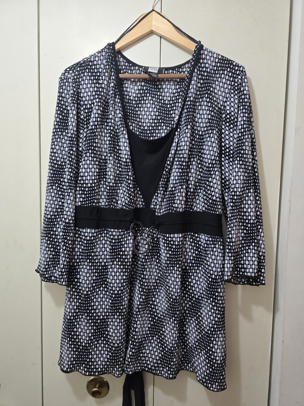 Studio Black and White Dot-Print Wrap Tunic with Ring-Belt